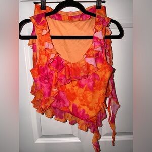 Floral Ruffle Orange and Pink Women's Top and skirt two piece set